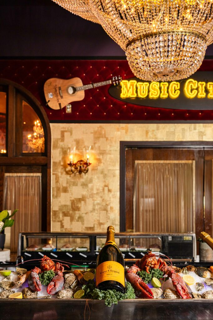 bottle laying in a seafood platter