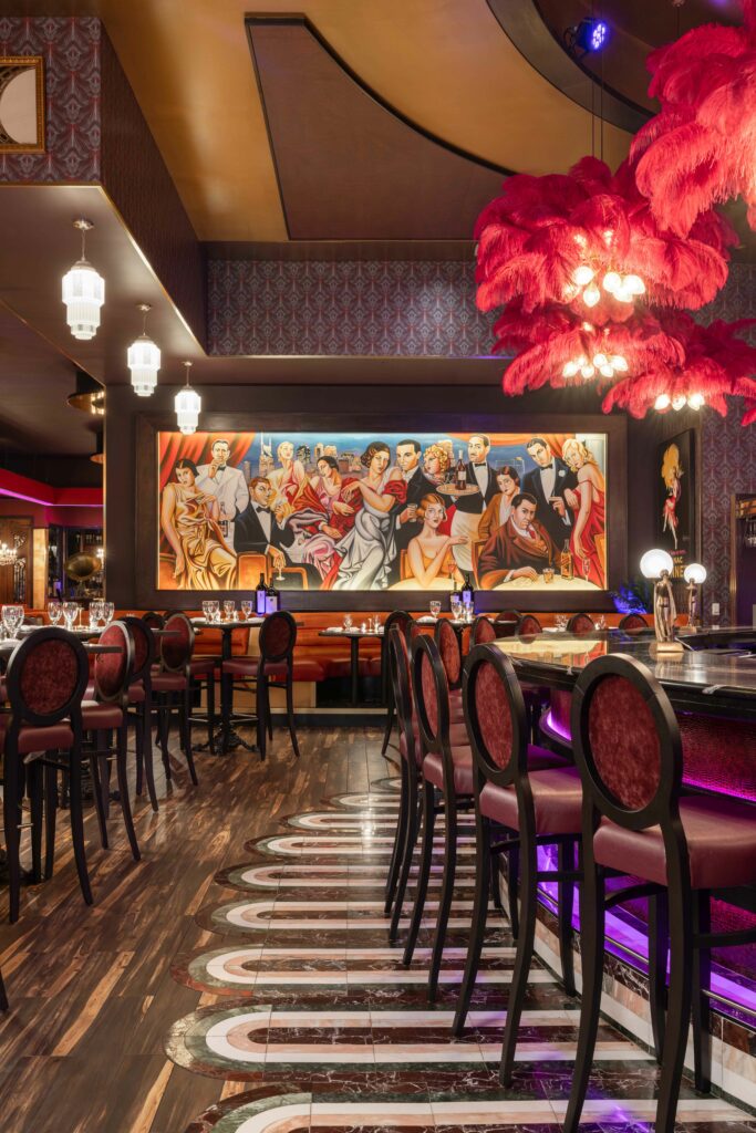 dining area with painting in the background