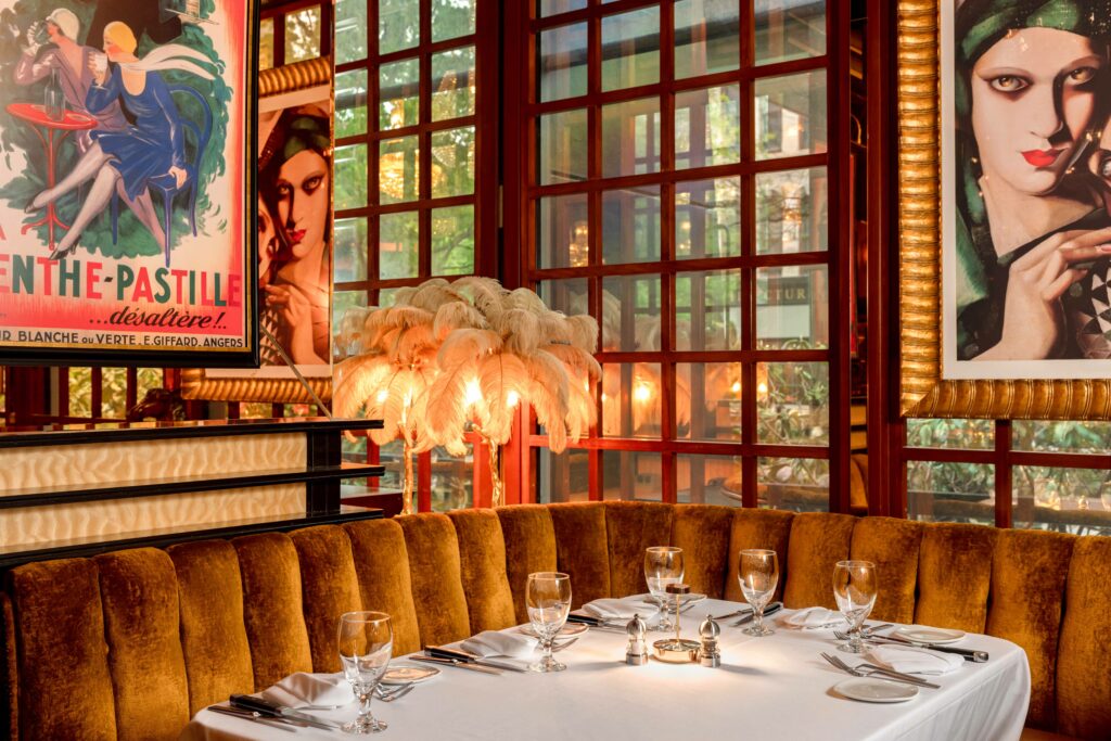 booth table with gold plush seats